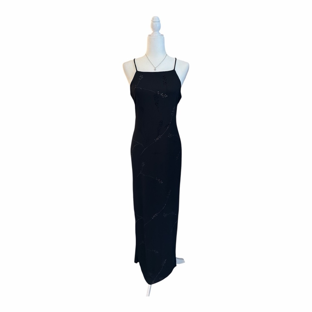 Dark Romantic Black Beaded Maxi Slip Dress• Vintage 90s Minimalist Glam Medium